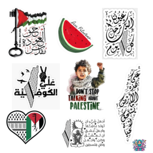 Palestine fridge magnets featuring watermelon symbol, map outline, Arabic calligraphy, Palestinian flag, and resistance art designs