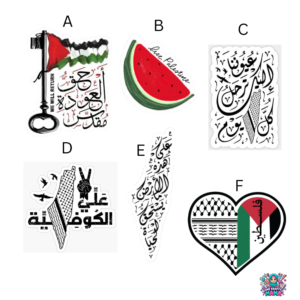 Palestine fridge magnets featuring watermelon symbol, map outline, Arabic calligraphy, Palestinian flag, and resistance art designs