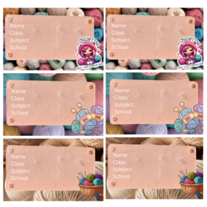 Printed name tags featuring crochet and yarn-themed illustrations with soft pastel backgrounds – ideal for school supplies