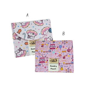 Set of four colorful handmade fabric sundry pouches with various prints including floral, cartoon cats, and carnival themes