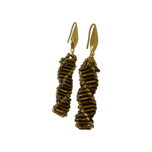 A pair of gold and bronze spiral beaded earrings with elongated metallic beads and hook-style ear wires.