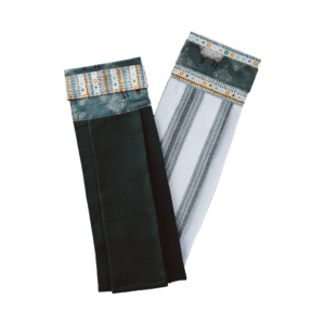 Two decorative kitchen tea towels with patterned fabric toppers, one dark green and one white with stripes, featuring button loops for hanging.