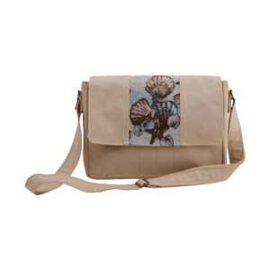 Beige canvas crossbody bag with a flap closure featuring a decorative panel of seashell artwork.