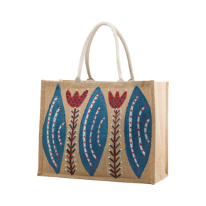 Hand-painted jute tote bag with red flower and blue leaf design