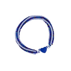 A handmade beaded bracelet with blue, white, and purple seed beads arranged in three strands, featuring a small blue heart-shaped clasp.