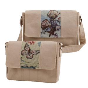 Two beige canvas crossbody bags with floral and butterfly tapestry designs on the flap.