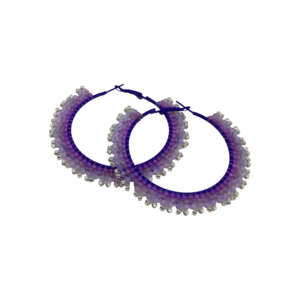 Pair of large, round hoop earrings wrapped with purple and lavender seed beads, creating a serrated or zig-zag pattern. The edges are accented with small silver beads.