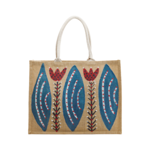 Hand-painted jute tote bag with red flower and blue leaf design